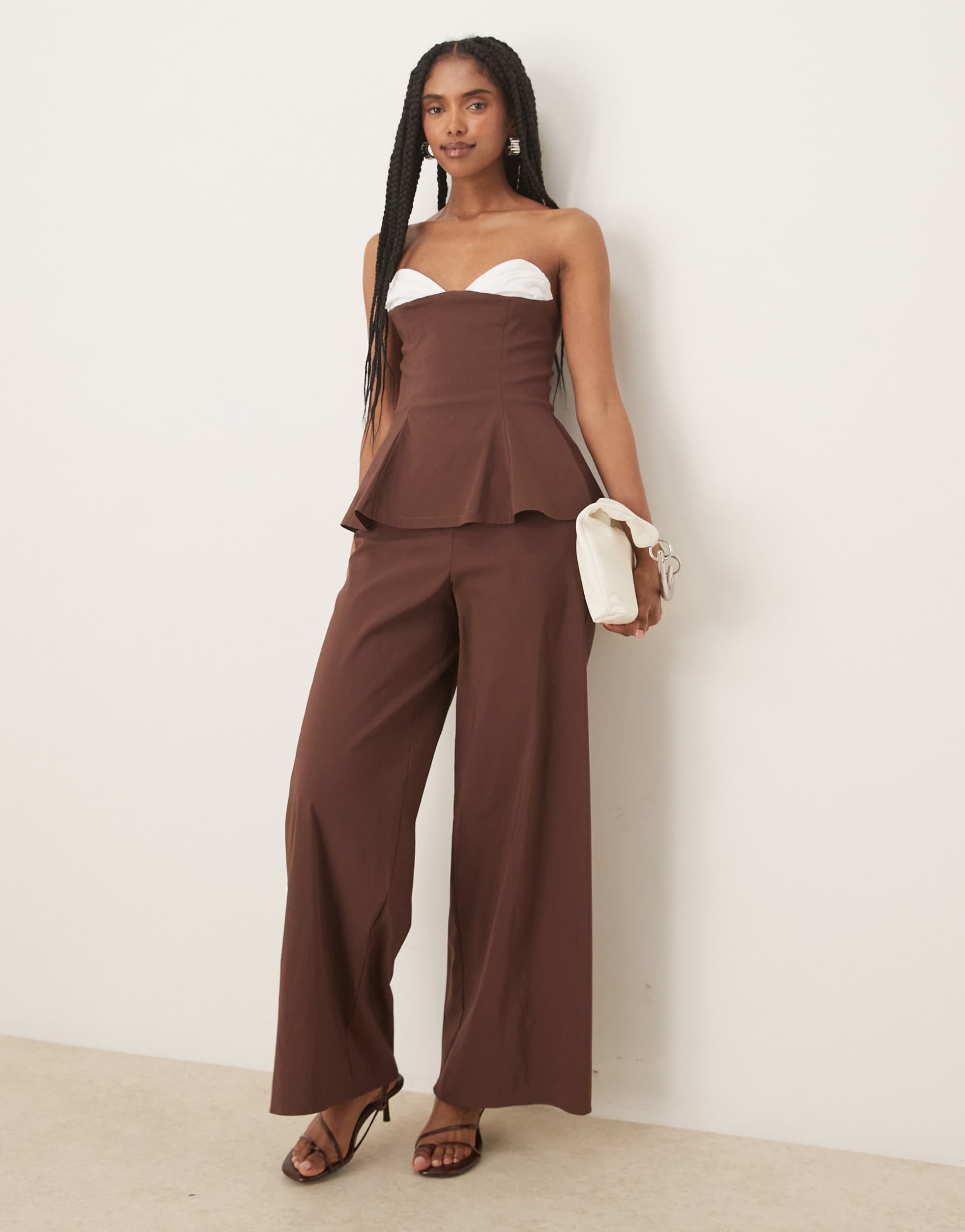 asos design contrast cup bandeau overlay jumpsuit in chocolate brown