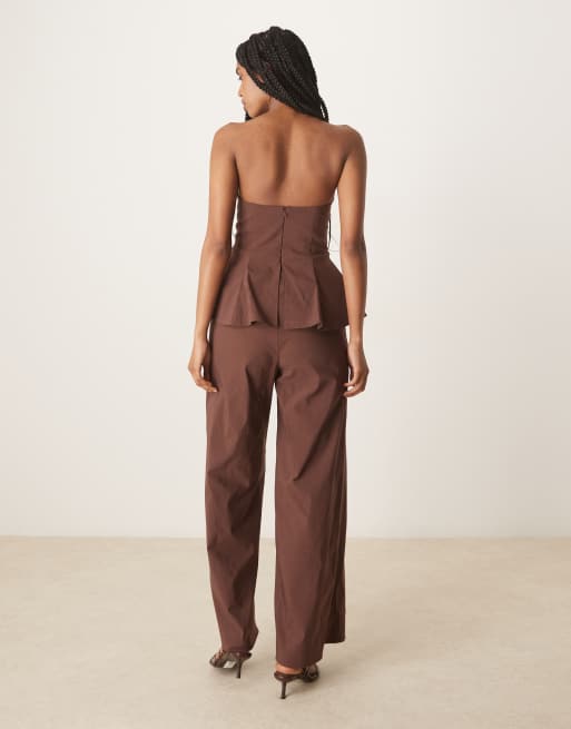 ASOS DESIGN contrast cup bandeau overlay jumpsuit in chocolate brown, 4 of 4