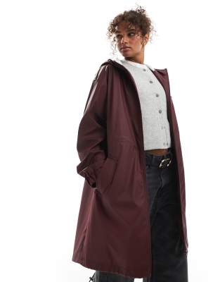 ASOS DESIGN contrast detail rubberised rain parka in burgundy-Red