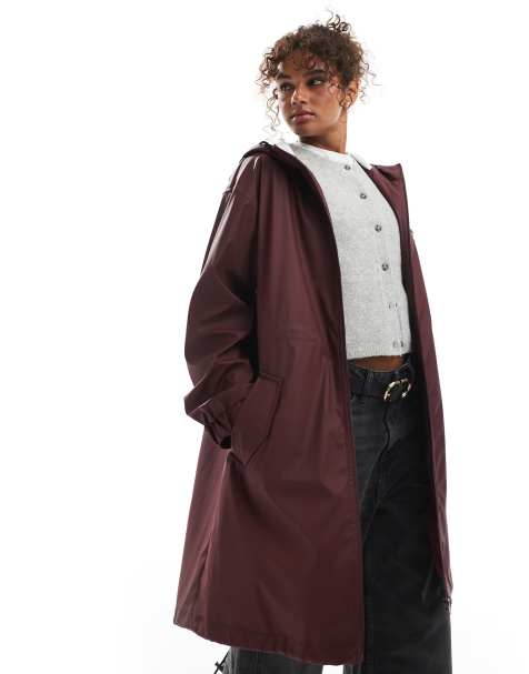 ASOS DESIGN contrast detail rubberized rain parka in burgundy - view 1
