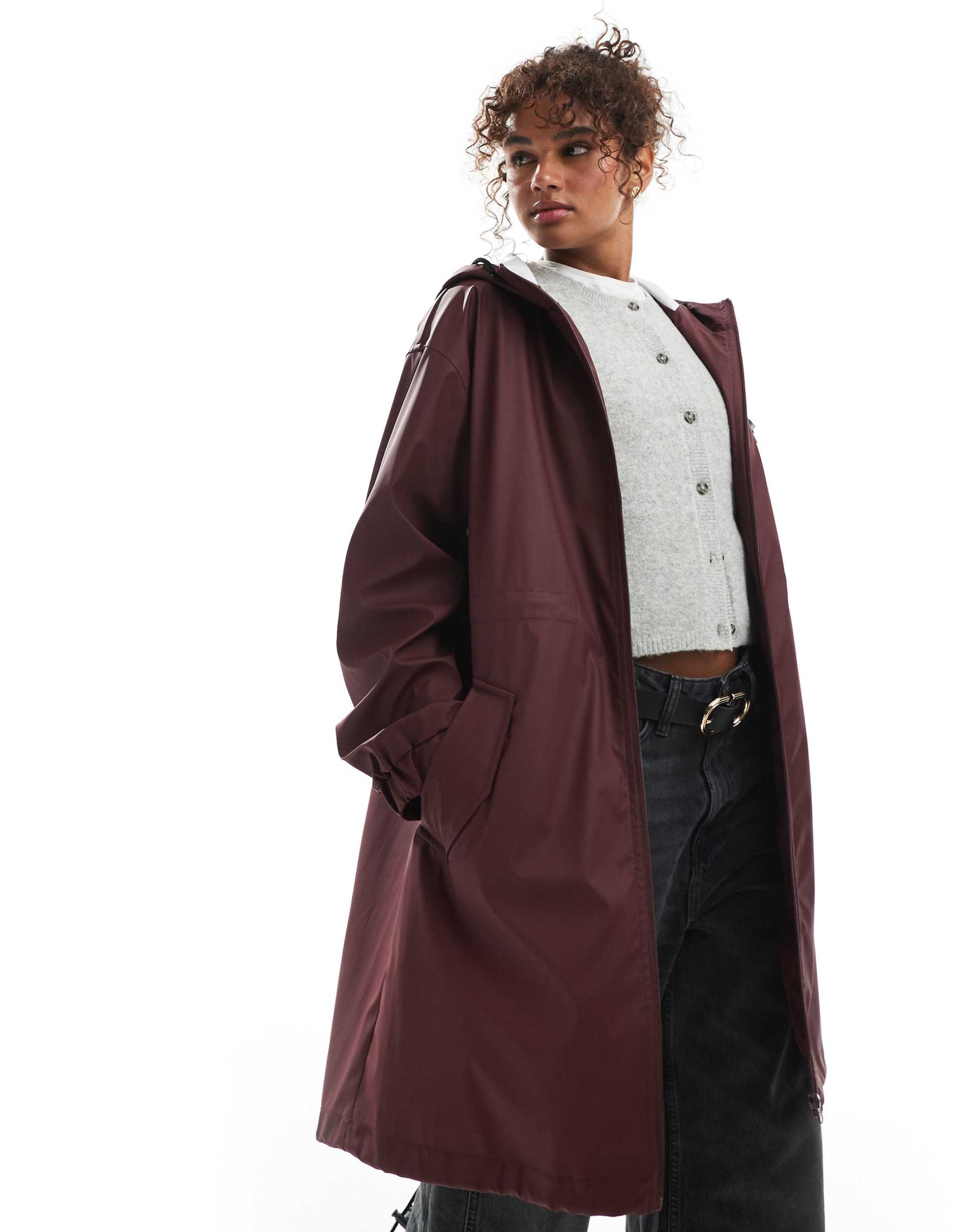 asos design contrast detail rubberized rain parka in burgundy