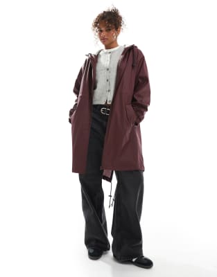 ASOS DESIGN contrast detail rubberized rain trench in burgundy