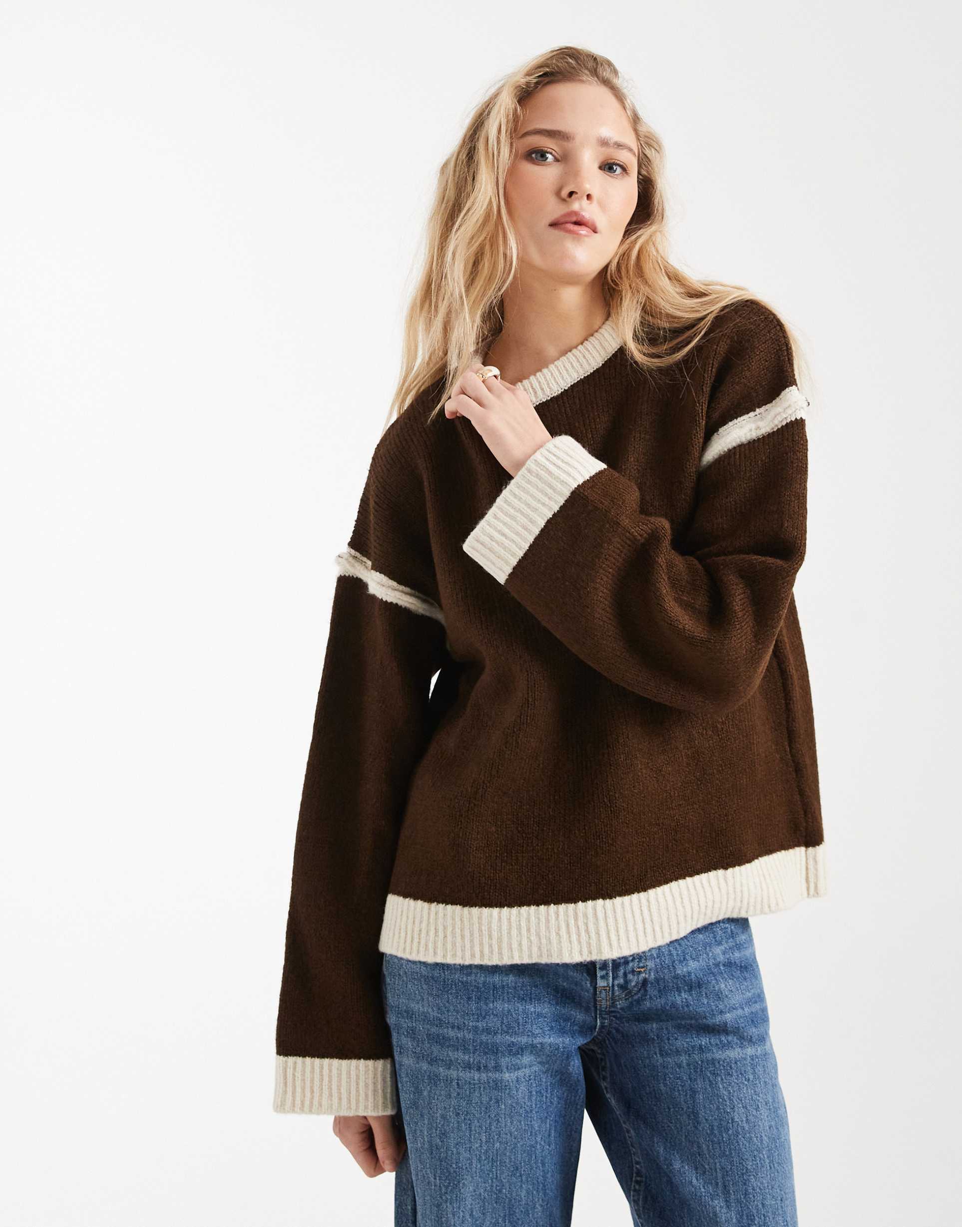 asos design contrast detailing knit sweater in brown