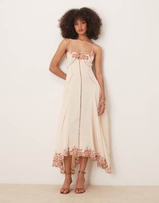 Asos Design Contrast Embroidered Cami Midi Dress With Ladder Trim Details In White