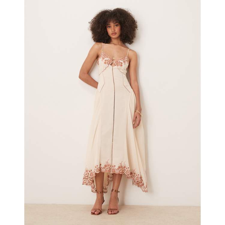 ASOS DESIGN contrast embroidered cami midi dress with ladder trim details  in cream | ASOS