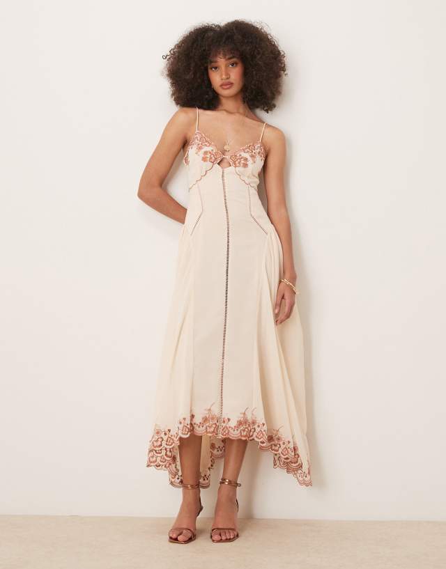 ASOS DESIGN contrast embroidered cami midi dress with ladder trim