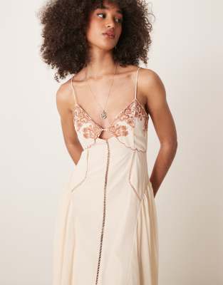 Asos Design Contrast Embroidered Cami Midi Dress With Ladder Trim Details In White