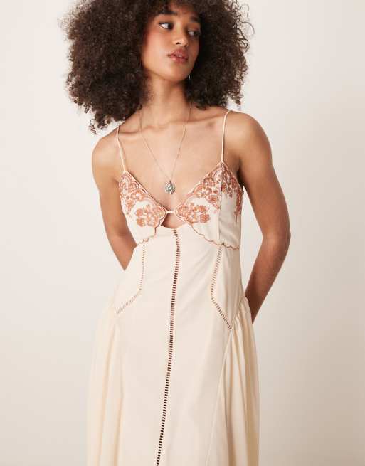 ASOS DESIGN contrast embroidered cami midi dress with ladder trim details in cream