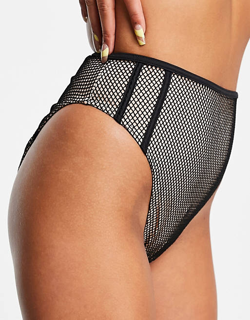 ASOS DESIGN contrast fishnet high waist bikini bottom in black and mink