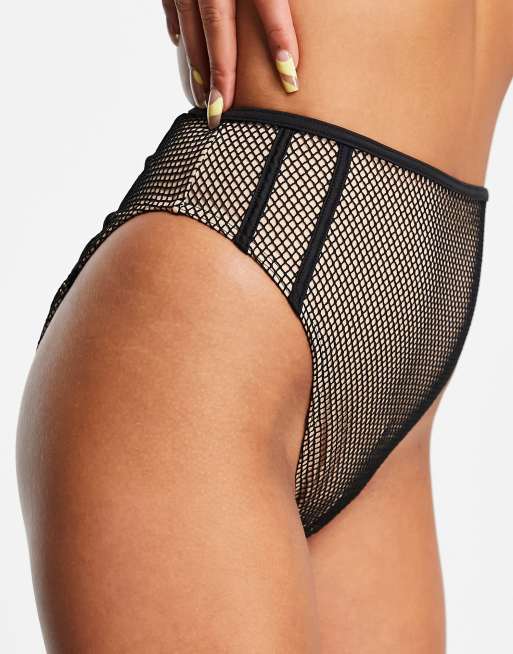 ASOS DESIGN contrast fishnet high waist bikini bottoms in black and mink