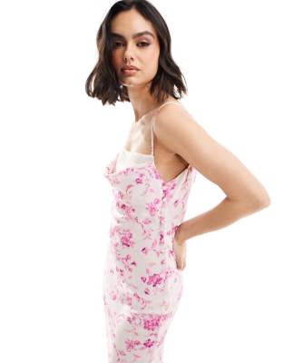 ASOS DESIGN contrast lace cowl neck midi slip dress in pretty pink floral print-Multi