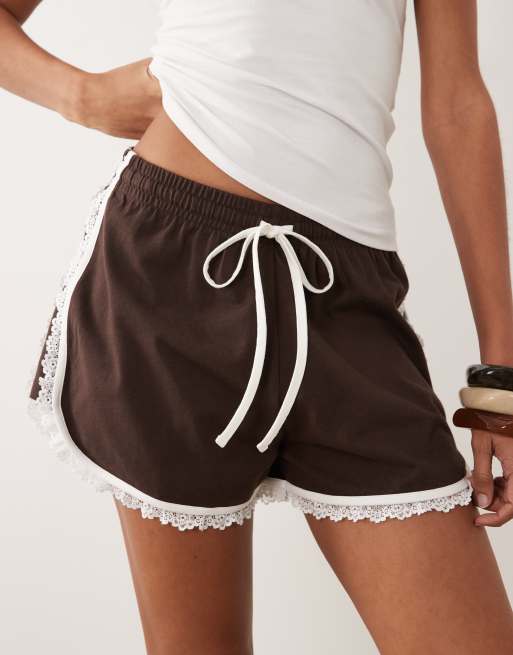 ASOS DESIGN contrast lace detail runner short in chocolate, 5 of 5