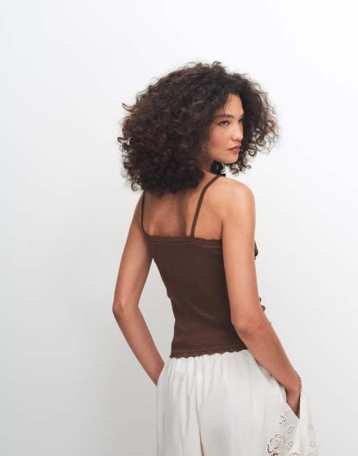 ASOS DESIGN contrast lace detail v neck cami in chocolate, 4 of 7