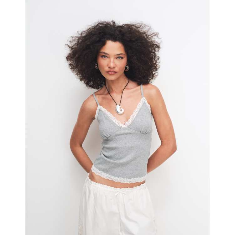 ASOS DESIGN contrast lace detail V-neck cami in gray heather | ASOS