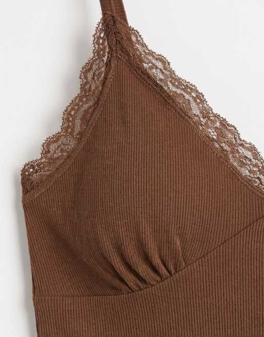 ASOS DESIGN contrast lace detailing v-neck cami top in chocolate, 8 of 8