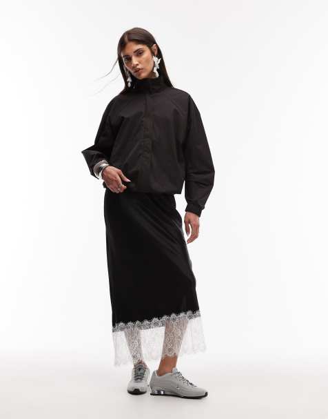ASOS DESIGN contrast  lace hem detail satin skirt in black - view 1