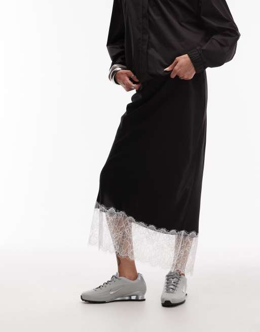 ASOS DESIGN contrast lace hem detail satin skirt in black, 3 of 5