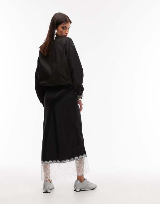 ASOS DESIGN contrast lace hem detail satin skirt in black, 4 of 5