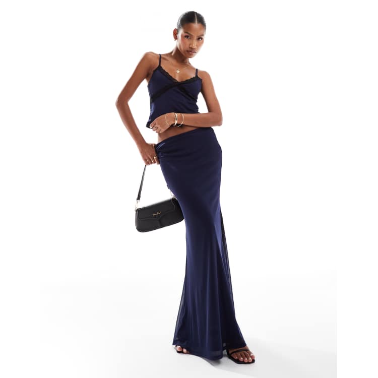 ASOS DESIGN contrast lace trim maxi skirt in navy - part of