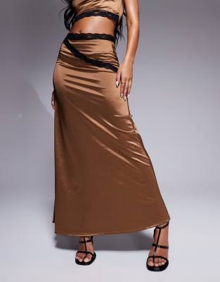 Asos Design Contrast Lace Trim Stretch Satin Fishtail Maxi Skirt In Brown