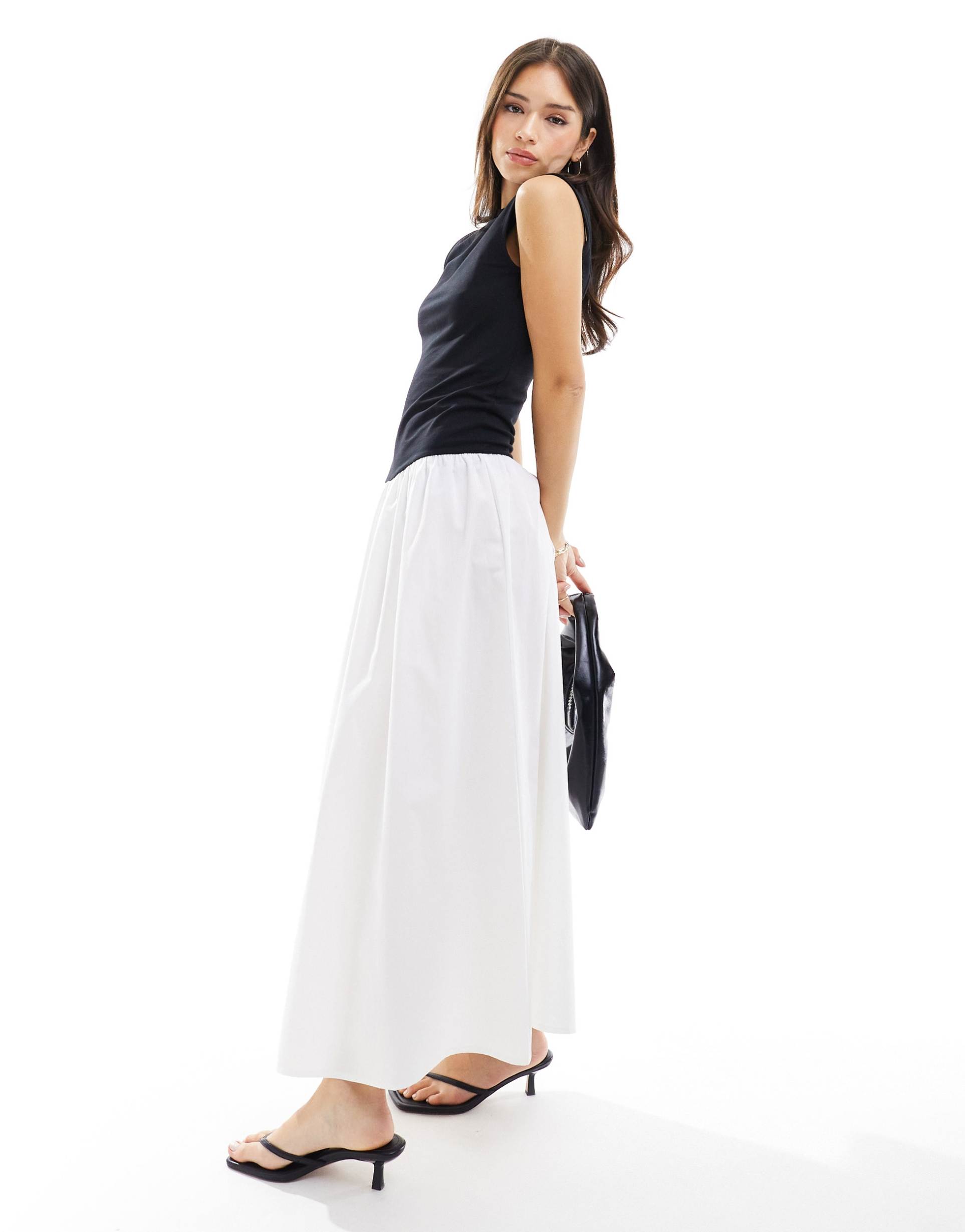 asos design contrast maxi dress with poplin skirt in black and ivory