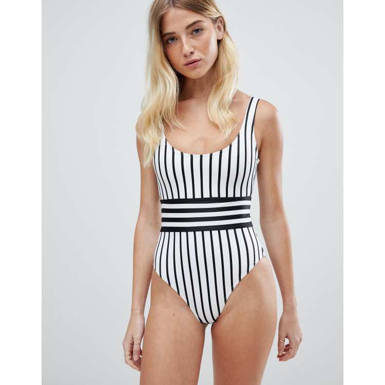 Boutique ASOS Swim White black striped open back with braided straps one  piece swimsuit Size 38