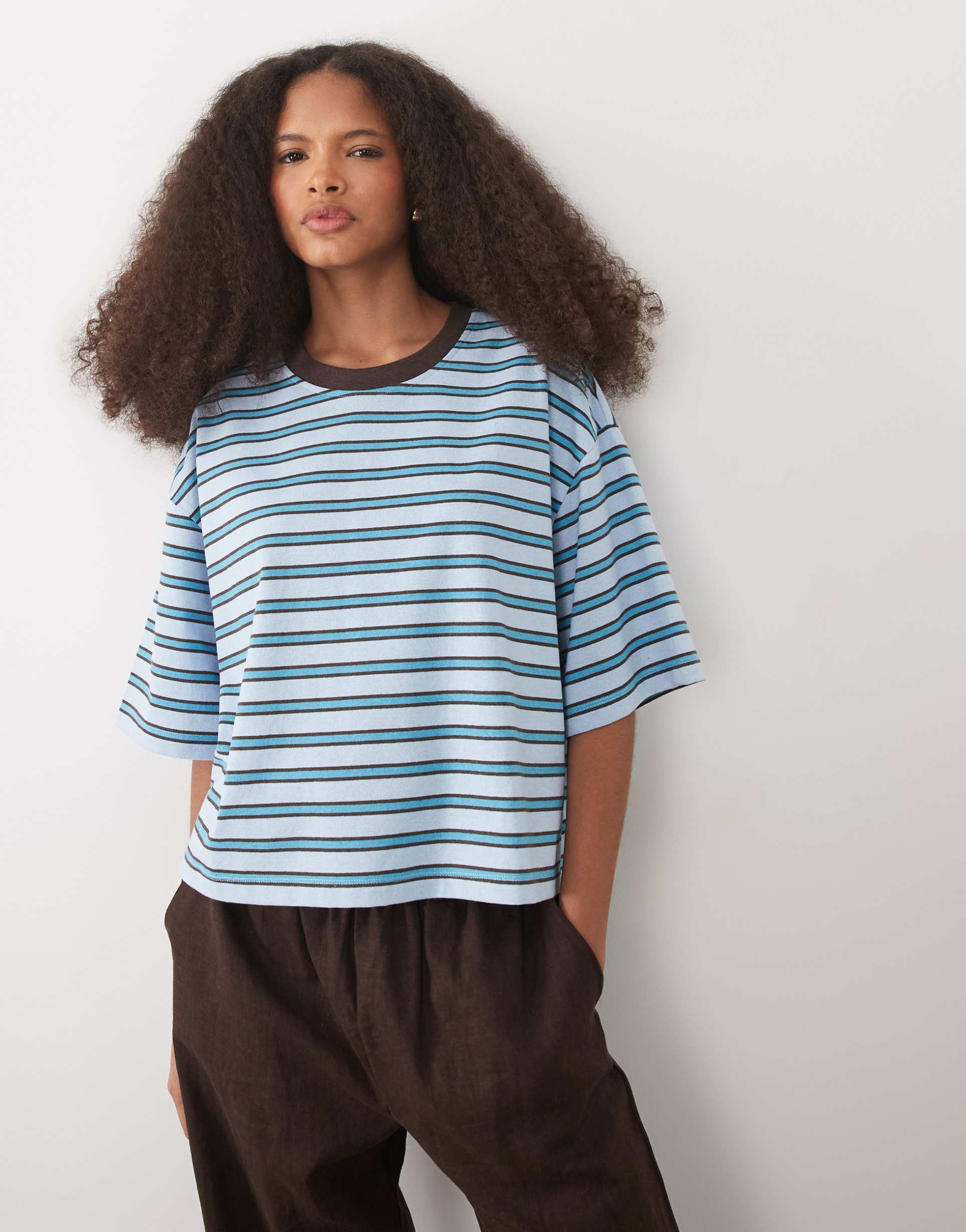 asos design contrast neck boxy crop top in blue stripes