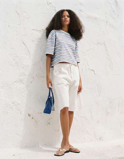 ASOS DESIGN contrast neck boxy crop top light blue and chocolate stripe