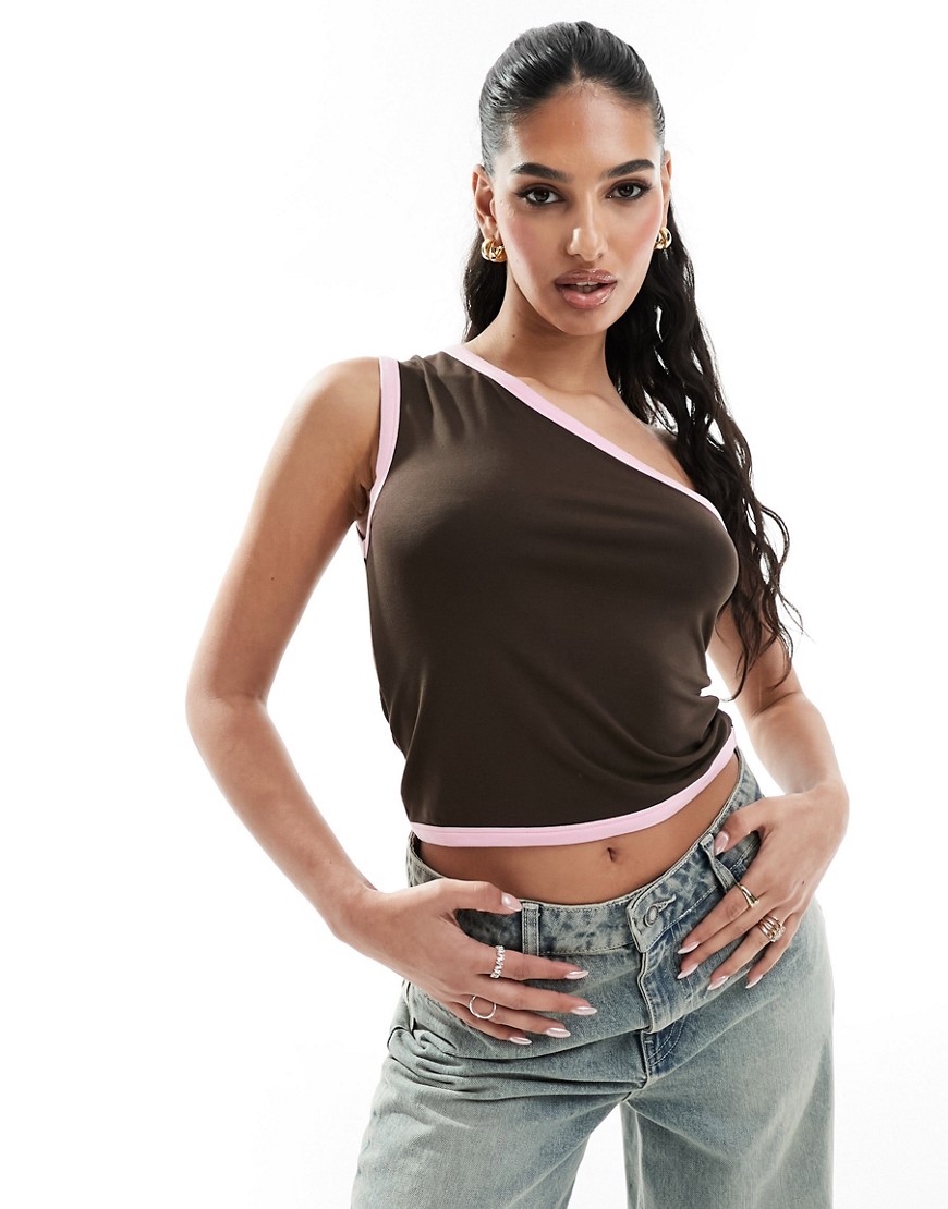 ASOS DESIGN contrast one shoulder top in chocolate and pink-Brown