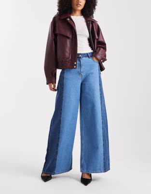 Asos Design Contrast Panel Wide Leg Jeans In Blue