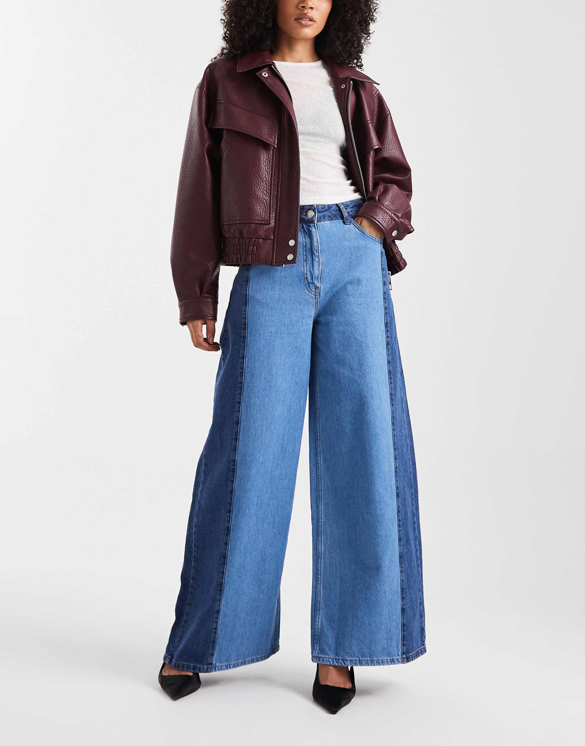 asos design contrast panel wide leg jeans in mid blue