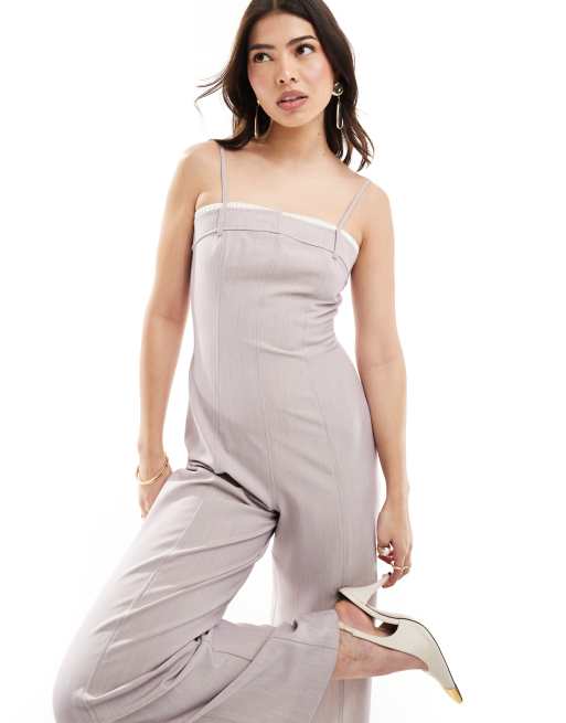 ASOS DESIGN contrast panel wide leg jumpsuit in stone