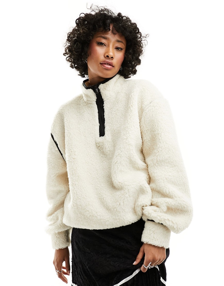 ASOS DESIGN contrast piping borg pull over sweat in white-Multi