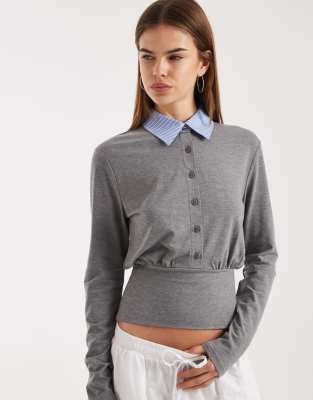 Asos Design Contrast Poplin Collar Button Front Cinched Waist Top In Gray