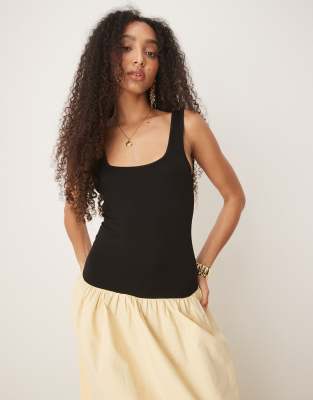 Asos Design Contrast Poplin Mix Square Neck Maxi Dress In Black