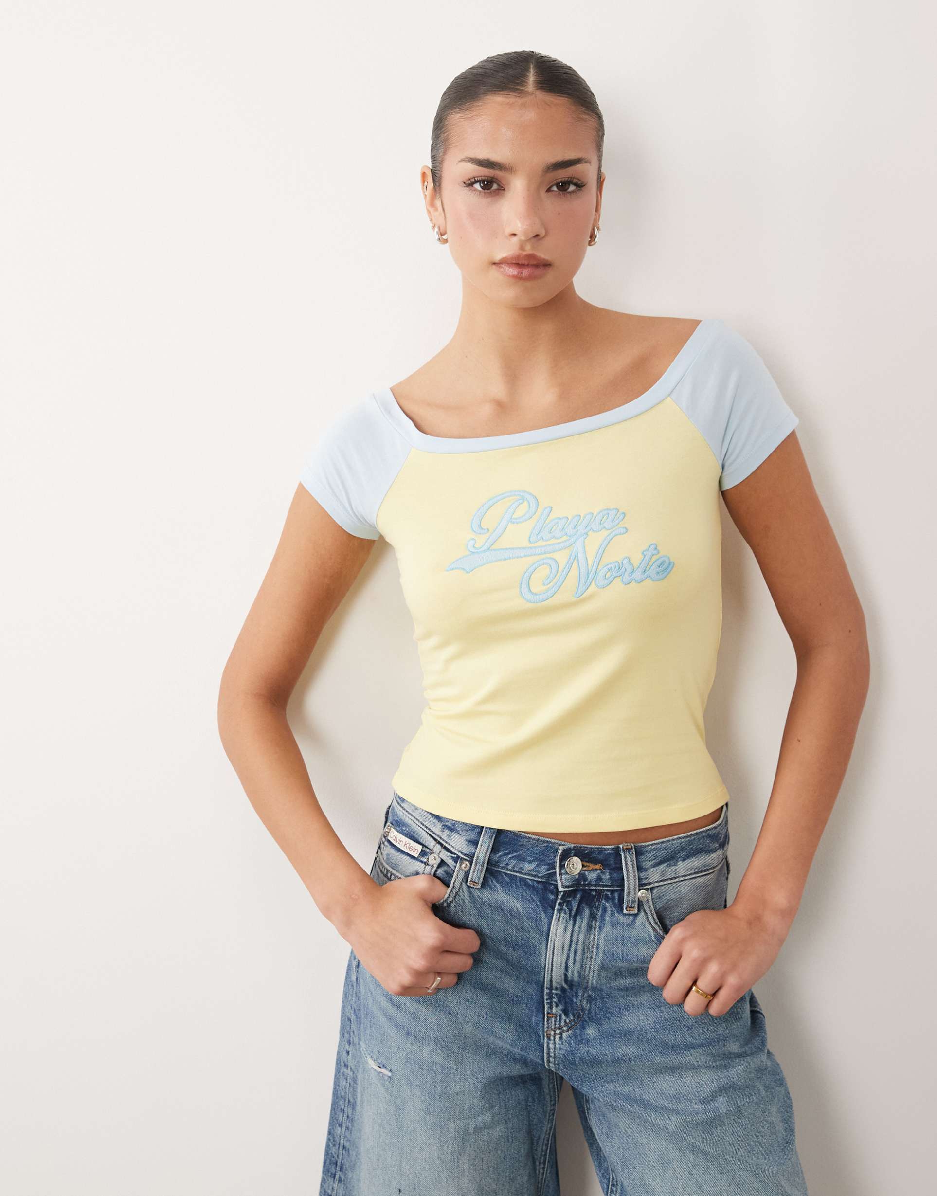asos design contrast raglan baby tee with playa norte embroidered graphic in yellow