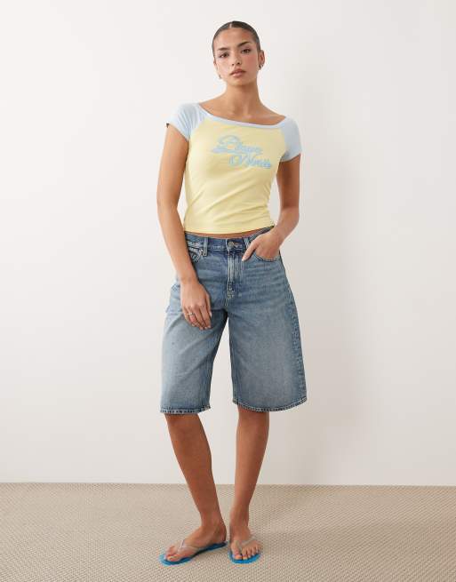ASOS DESIGN contrast raglan baby tee with Playa Norte embroidered graphic in yellow, 3 of 4