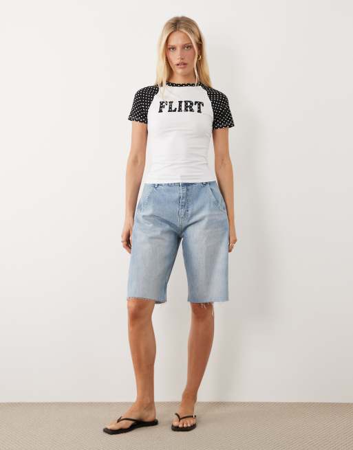 ASOS DESIGN contrast raglan sleeve baby tee with flirt slogan in mono gingham and white, 2 of 4