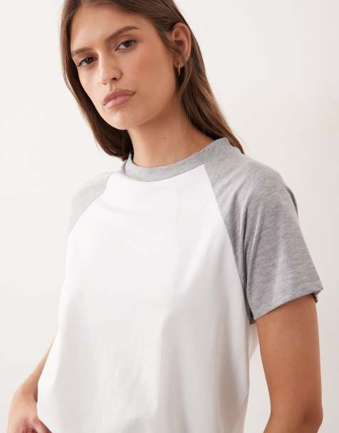 ASOS DESIGN contrast raglan sleeve top in white and grey marl (part of a set) - view 1