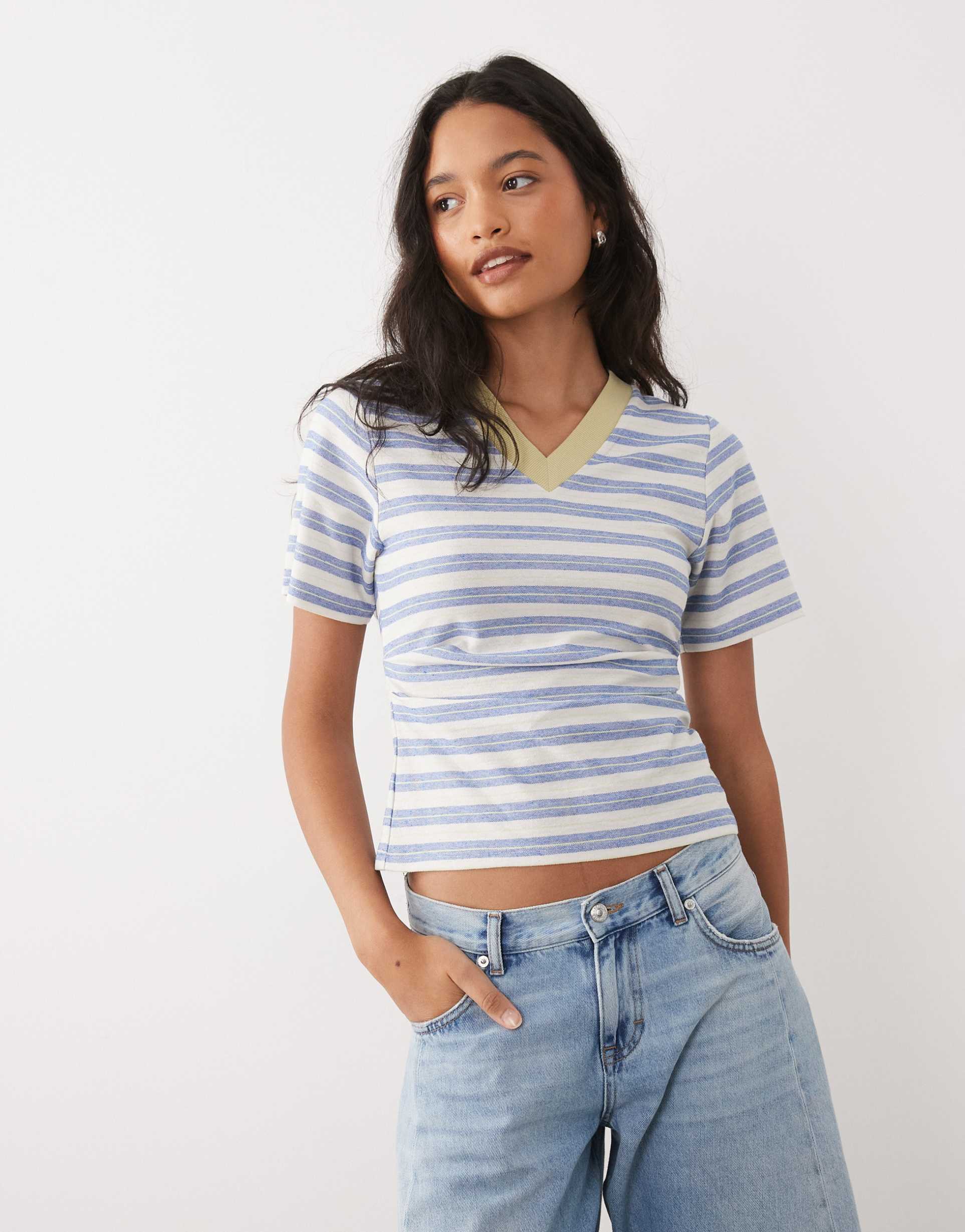 asos design contrast rib v neck cinched waist top in blue stripe