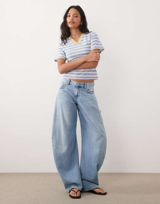 ASOS DESIGN contrast rib v-neck cinched waist top in blue stripe, 3 of 4