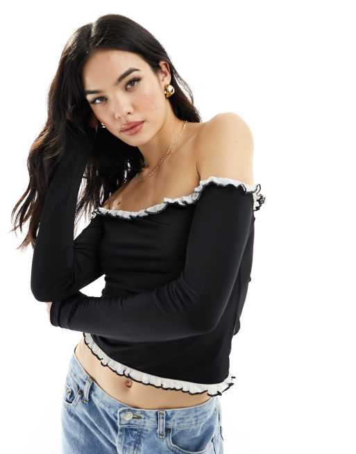 ASOS DESIGN contrast ruffle bardot top in black | ASOS