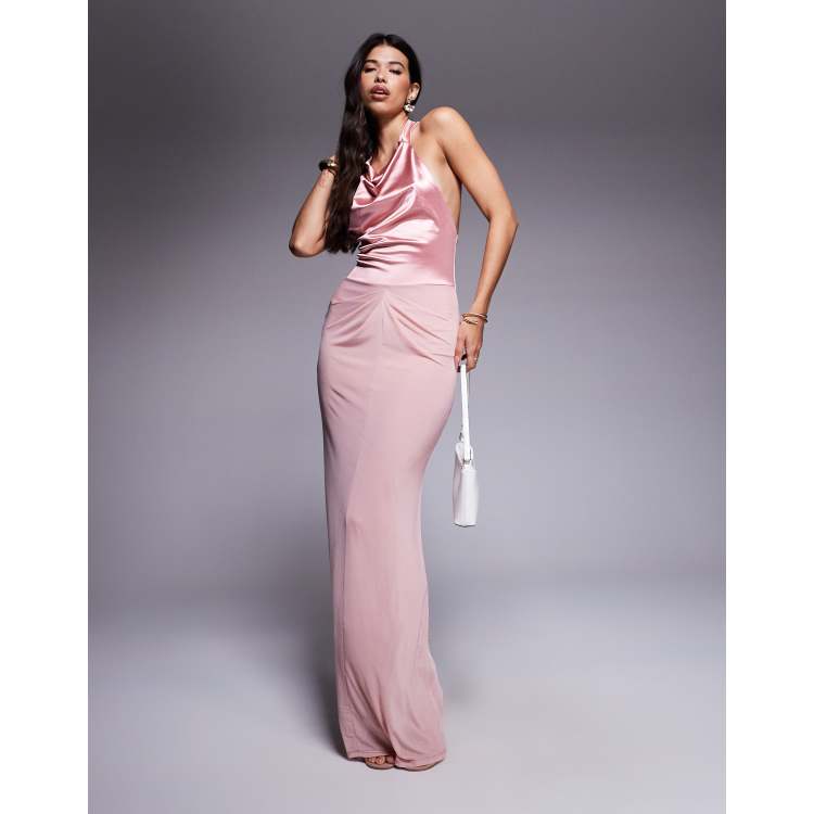 ASOS DESIGN contrast satin bodice maxi dress with halter draped neck in  light pink | ASOS