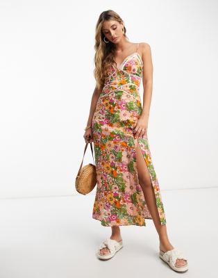 ASOS DESIGN contrast seam midi sundress with open tie back and lace trim in retro floral print