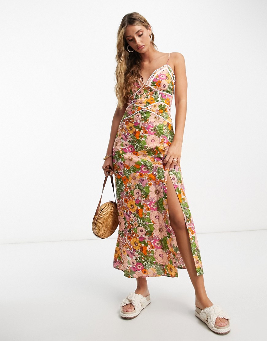 ASOS DESIGN contrast seam midi sundress with open tie back and lace trim in retro floral print-Multi