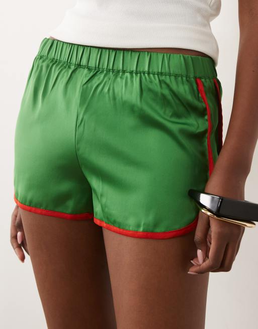 ASOS DESIGN contrast seam satin runner shorts in green and red, 2 of 5