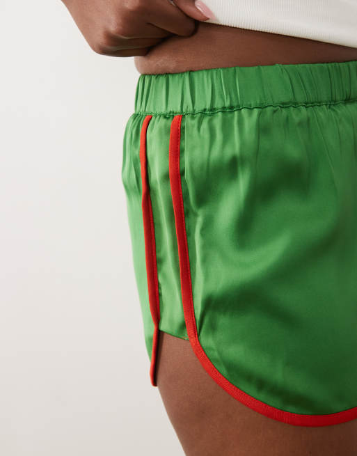 ASOS DESIGN contrast seam satin runner shorts in green and red, 4 of 5