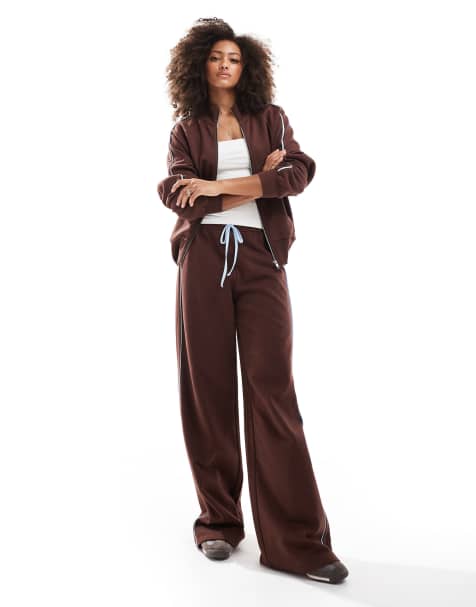 ASOS DESIGN contrast side stripe wide leg trackies in brown - view 1