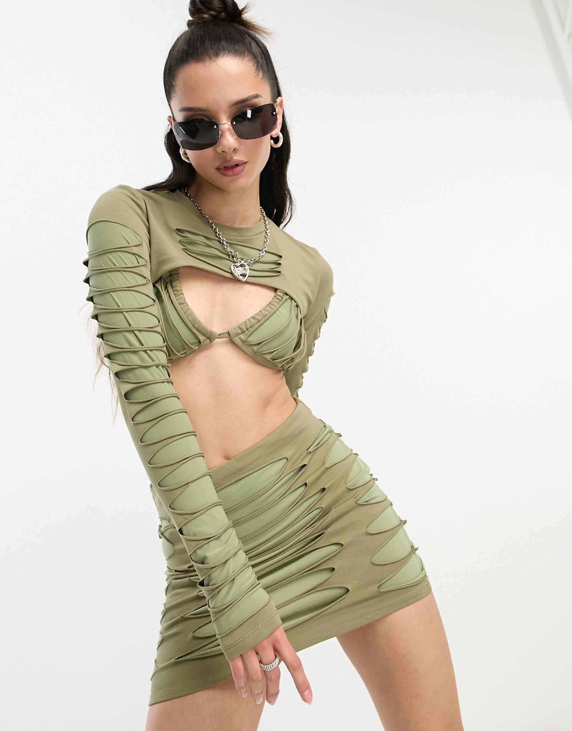 asos design contrast slash detail top with bra in khaki - part of a set
