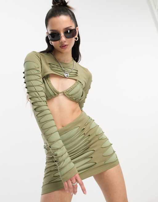ASOS DESIGN contrast slash detail top with bra in khaki - part of a set